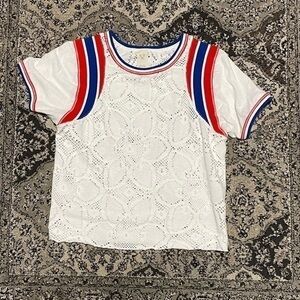 WE THE FREE white top with  red and blue inserts floral lace
